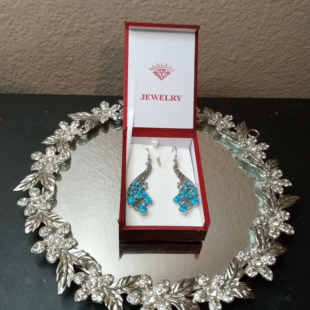 EXQUISITE Marcasite & Opal Peacock  3" Silver Plated Dangle Earrings MSRP $300